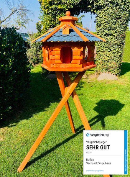 DARLUX Vogelfutterhaus XL Sechseck Vogelhaus aus Holz mit Ständer Braun/ Blau Garten Vogelfutterhaus Wetterfest