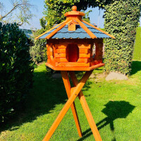 DARLUX Vogelfutterhaus XL Sechseck Vogelhaus aus Holz mit Ständer Braun/ Blau Garten Vogelfutterhaus Wetterfest