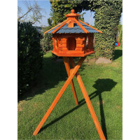 DARLUX Vogelfutterhaus XL Sechseck Vogelhaus aus Holz mit Ständer Braun/ Blau Garten Vogelfutterhaus Wetterfest