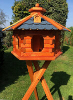 DARLUX Vogelfutterhaus XL Sechseck Vogelhaus aus Holz mit Ständer Braun/ Blau Garten Vogelfutterhaus Wetterfest