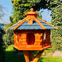 DARLUX Vogel Futter Haus XL Futterstelle Sechseck aus Holz Vogelhaus Braun/ Blau Vogelfutterhaus Wetterfest