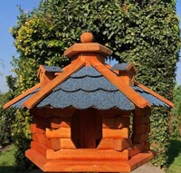 DARLUX Vogel Futter Haus XL Futterstelle Sechseck aus Holz Vogelhaus Braun/ Blau Vogelfutterhaus Wetterfest