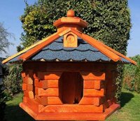 DARLUX Vogel Futter Haus XL Futterstelle Sechseck aus Holz Vogelhaus Braun/ Blau Vogelfutterhaus Wetterfest