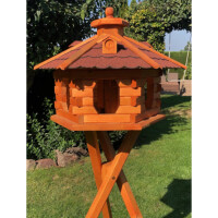 DARLUX Vogel Futter Haus XL Futterstelle Sechseck aus Holz Vogelhaus Braun/ Rot Vogelfutterhaus Wetterfest