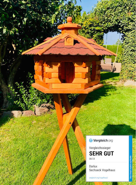 DARLUX Vogel Futter Haus XL Futterstelle Sechseck Holz mit Ständer Braun/ Rot  Garten Vogelfutterhaus Wetterfest