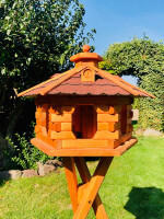 DARLUX Vogel Futter Haus XL Futterstelle Sechseck Holz mit Ständer Braun/ Rot  Garten Vogelfutterhaus Wetterfest