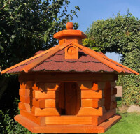 DARLUX Vogel Futter Haus XL Futterstelle Sechseck Holz mit Ständer Braun/ Rot  Garten Vogelfutterhaus Wetterfest