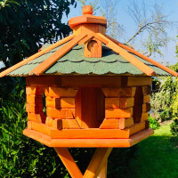 DARLUX Vogelfutterhaus XL Sechseck Vogelhaus aus Holz Braun/ Grün Futterstelle Vogelfutterhaus Wetterfest