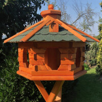 DARLUX Vogelfutterhaus XL Sechseck Vogelhaus aus Holz Braun/ Grün Futterstelle Vogelfutterhaus Wetterfest