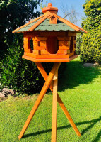 DARLUX Vogel Futter Haus XL Futterstelle Sechseck Holz mit Ständer Braun/ Grün Garten Vogelfutterhaus Wetterfest