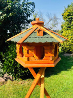 DARLUX Vogel Futter Haus XL Futterstelle Sechseck Holz mit Ständer Braun/ Grün Garten Vogelfutterhaus Wetterfest