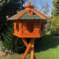 DARLUX Vogel Futter Haus XL Futterstelle Sechseck Holz mit Ständer Braun/ Grün Garten Vogelfutterhaus Wetterfest