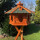 DARLUX Vogel Futter Haus XL Futterstelle Sechseck Holz mit Ständer Braun/ Grün Garten Vogelfutterhaus Wetterfest