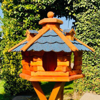DARLUX Vogel Futter Haus L Sechseck Holz Vogelhaus Futterstelle Braun/ Blau Garten Vogelfutterhaus Wetterfest