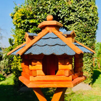 DARLUX Vogel Futter Haus L Sechseck Holz Vogelhaus Futterstelle Braun/ Blau Garten Vogelfutterhaus Wetterfest