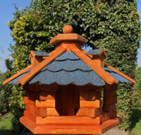 DARLUX Vogel Futter Haus L Sechseck Holz Vogelhaus Futterstelle Braun/ Blau Garten Vogelfutterhaus Wetterfest