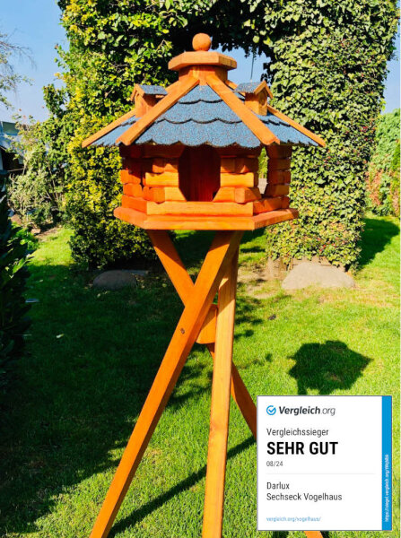 DARLUX Vogel Futter Haus L Sechseck Holz Vogelhaus mit Ständer Braun/ Blau Garten Vogelfutterhaus Wetterfest