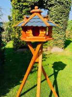 DARLUX Vogel Futter Haus L Sechseck Holz Vogelhaus mit Ständer Braun/ Blau Garten Vogelfutterhaus Wetterfest