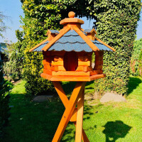 DARLUX Vogel Futter Haus L Sechseck Holz Vogelhaus mit Ständer Braun/ Blau Garten Vogelfutterhaus Wetterfest