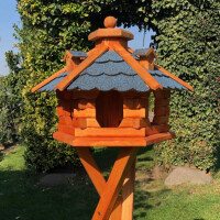 DARLUX Vogel Futter Haus L Sechseck Holz Vogelhaus mit Ständer Braun/ Blau Garten Vogelfutterhaus Wetterfest