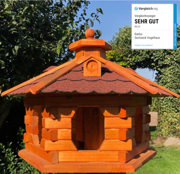 DARLUX Vogel Futter Haus L Sechseck Holz Vogelhaus Futterstelle Braun/ Rot Garten Vogelfutterhaus Wetterfest