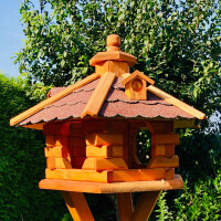 DARLUX Vogel Futter Haus L Sechseck Holz Vogelhaus Futterstelle Braun/ Rot Garten Vogelfutterhaus Wetterfest