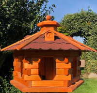 DARLUX Vogel Futter Haus L Sechseck Holz Vogelhaus Futterstelle Braun/ Rot Garten Vogelfutterhaus Wetterfest