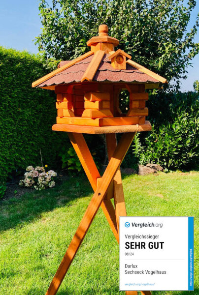 DARLUX Vogel Futter Haus L Sechseck Holz Vogelhaus mit Ständer Braun/ Rot Garten Vogelfutterhaus Wetterfest