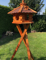 DARLUX Vogel Futter Haus L Sechseck Holz Vogelhaus mit Ständer Braun/ Rot Garten Vogelfutterhaus Wetterfest