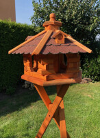 DARLUX Vogel Futter Haus L Sechseck Holz Vogelhaus mit Ständer Braun/ Rot Garten Vogelfutterhaus Wetterfest