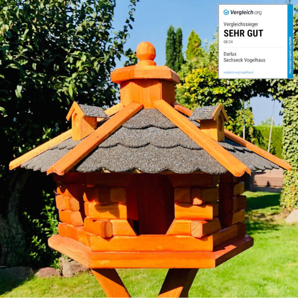 DARLUX Vogel Futter Haus L Sechseck Holz Vogelhaus Futterstelle Braun/ Schwarz Garten Vogelfutterhaus Wetterfest
