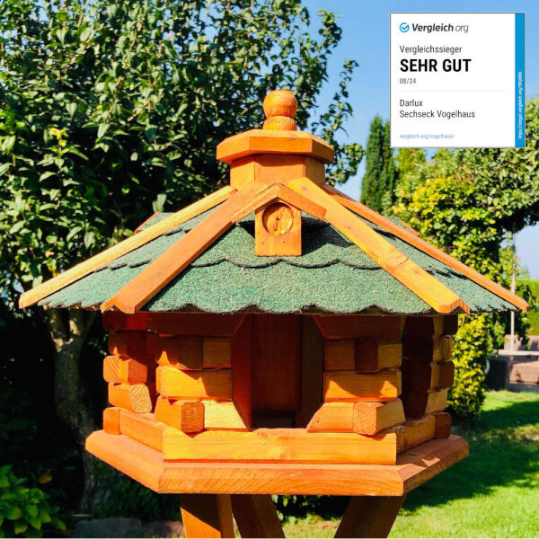 DARLUX Vogel Futter Haus L Sechseck Holz Vogelhaus Futterstelle Braun/ Grün Garten Vogelfutterhaus Wetterfest