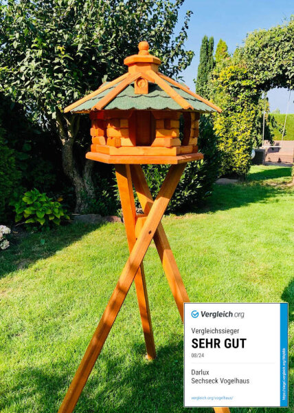 DARLUX Vogel Futter Haus L Sechseck Holz Vogelhaus mit Ständer Braun/ Grün Garten Vogelfutterhaus Wetterfest