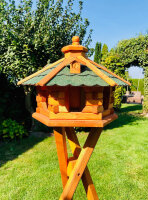 DARLUX Vogel Futter Haus L Sechseck Holz Vogelhaus mit Ständer Braun/ Grün Garten Vogelfutterhaus Wetterfest