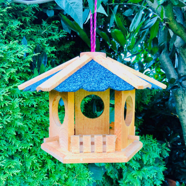 DARLUX Sechseck Vogel Futter Haus  Futterstelle Vogelhaus Hängend Braun/ Blau