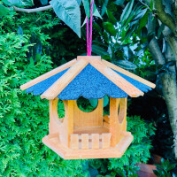 DARLUX Sechseck Vogel Futter Haus  Futterstelle Vogelhaus Hängend Braun/ Blau