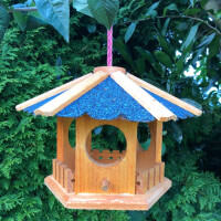 DARLUX Sechseck Vogel Futter Haus  Futterstelle Vogelhaus Hängend Braun/ Blau