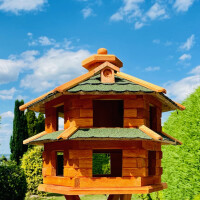 DARLUX Vogelvilla XL Futterstelle Sechseck Doppelstock Holz Vogelhaus Braun/ Grün Garten Vogelfutterhaus Wetterfest