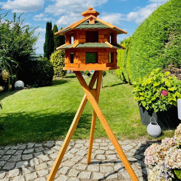 DARLUX Vogelvilla XL Futterstelle Sechseck Doppelstock Vogelhaus+Ständer Braun/ Grün Garten Vogelfutterhaus Wetterfest