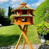 DARLUX Vogelvilla XL Futterstelle Sechseck Doppelstock Vogelhaus+Ständer Braun/ Grün Garten Vogelfutterhaus Wetterfest