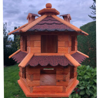 DARLUX Vogelvilla L Sechseck Doppelstock Holz Vogelhaus Futterstelle Braun/ Rot Garten Vogelfutterhaus Wetterfest