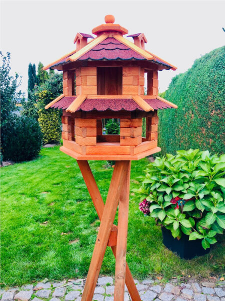 DARLUX Vogelvilla L Sechseck Doppelstock Holz Vogelhaus + Ständer Braun/ Rot Garten Vogelfutterhaus Wetterfest