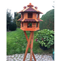 DARLUX Vogelvilla L Sechseck Doppelstock Holz Vogelhaus + Ständer Braun/ Rot Garten Vogelfutterhaus Wetterfest