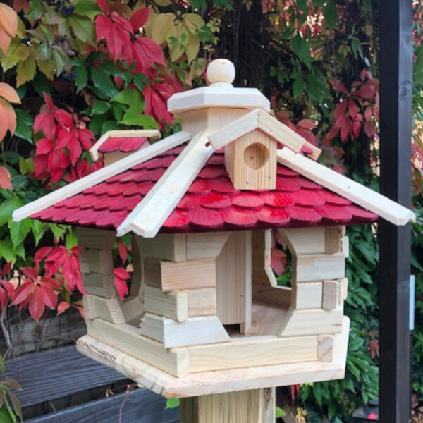 DARLUX Vogel Futter Haus L Sechseck Holz Vogelhaus Futterspender Natur/ Rot