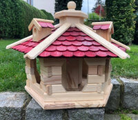 DARLUX Vogel Futter Haus L Sechseck Holz Vogelhaus Futterspender Natur/ Rot
