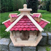 DARLUX Vogel Futter Haus L Sechseck Holz Vogelhaus Futterspender Natur/ Rot