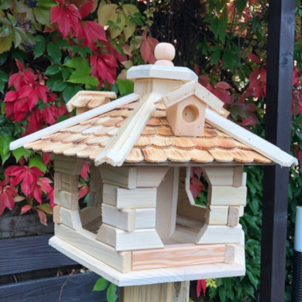 DARLUX Vogel Futter Haus L Sechseck Holz Vogelhaus Futterspender Naturr/Geflammt