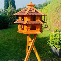 DARLUX Vogelvilla XL Futterstelle Sechseck Doppelstock Vogelhaus+Ständer Braun/ Rot  Garten Vogelfutterhaus Wetterfest