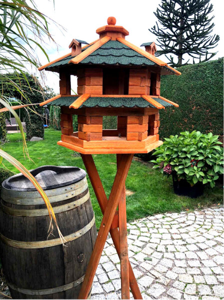 DARLUX Vogelvilla L Sechseck Doppelstock Holz Vogelhaus + Ständer Braun/ Grün Garten  Vogelfutterhaus  Wetterfest