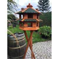 DARLUX Vogelvilla L Sechseck Doppelstock Holz Vogelhaus + Ständer Braun/ Grün Garten  Vogelfutterhaus  Wetterfest